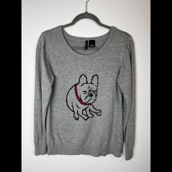 New Direction French Bulldog W/GLITZ Women's Gray Cotton Sweater SZ Large - Picture 1 of 6